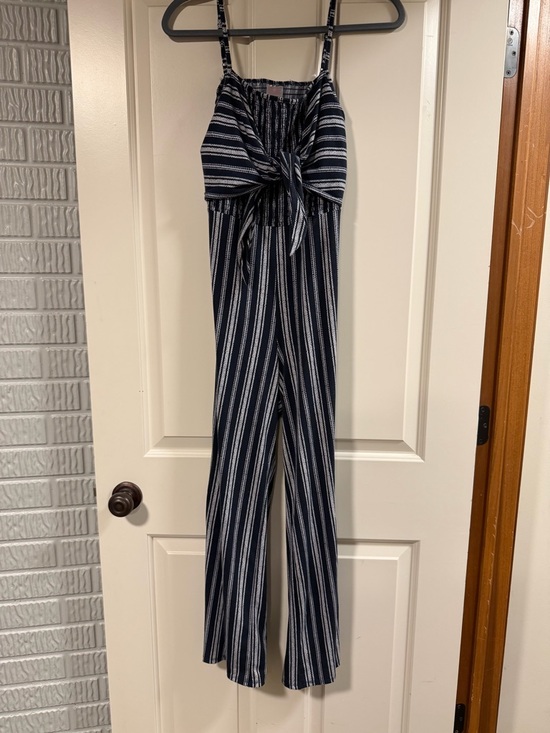 No Boundaries Pants - Blue & Navy Striped Tie Back Jumpsuit Medium Spaghetti Strap Open Back